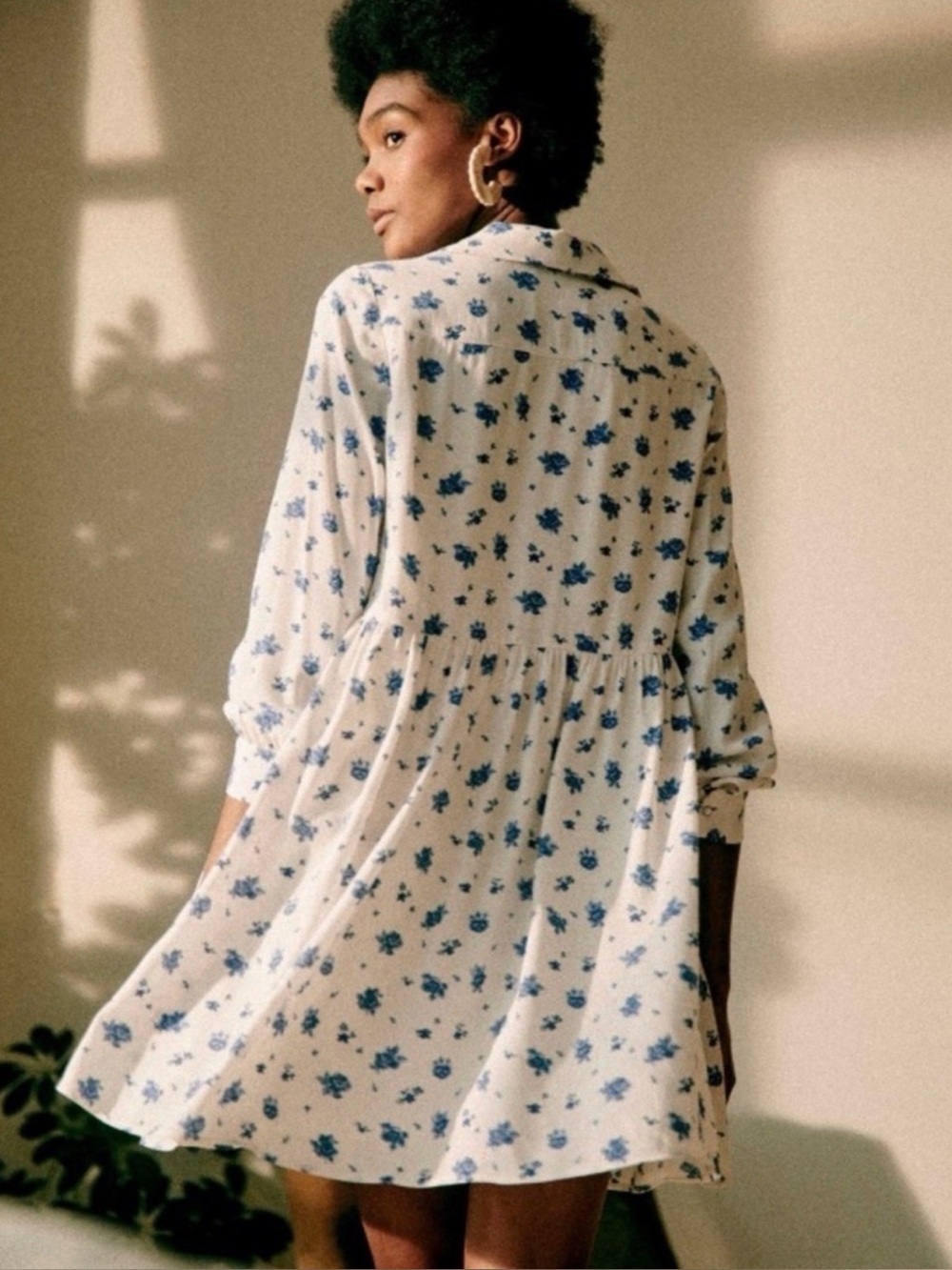 Sezane Aurora pearl snap shirt collar mini dress lined 38 blue rose long sleeve
